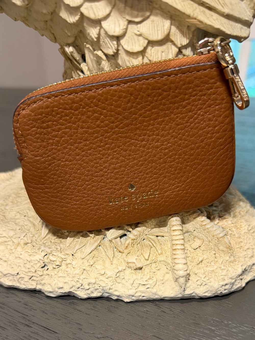 kate spade Pebbled Leather Zip Coin Pouch in Cognac Brown